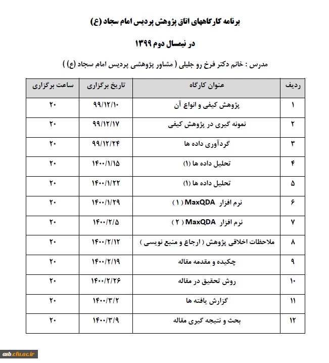برنامه کارگاه های اتاق پژوهش پردیس امام سجاد(ع) 2