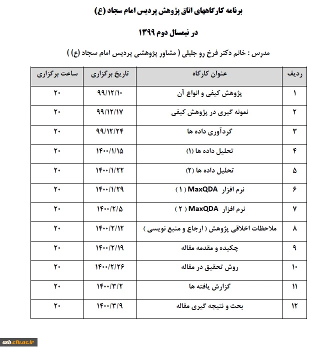 برنامه کارگاه های اتاق پژوهش پردیس امام سجاد(ع) 2