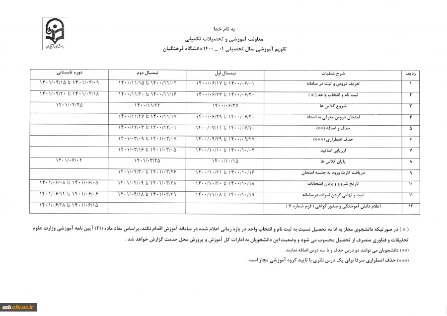 تقویم آموزشی سال تحصیلی 1401-1400 2