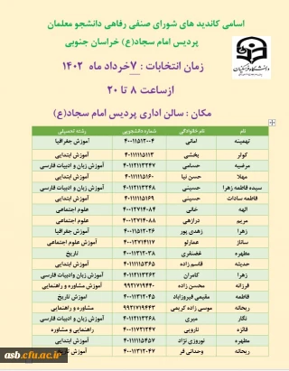اسامی کاندیدهای شورای صنفی-رفاهی دانشجو معلمان پردیس امام سجاد(ع)