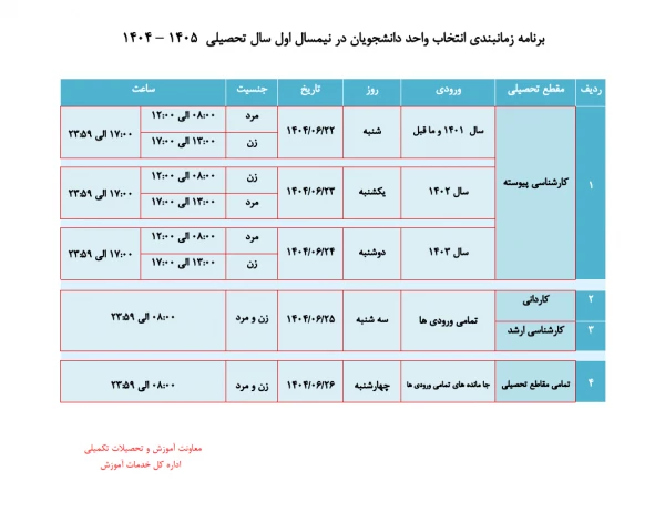 زمانبندی انتخاب واحد دانشجویان  در نیم سال اول 1404-1405 2